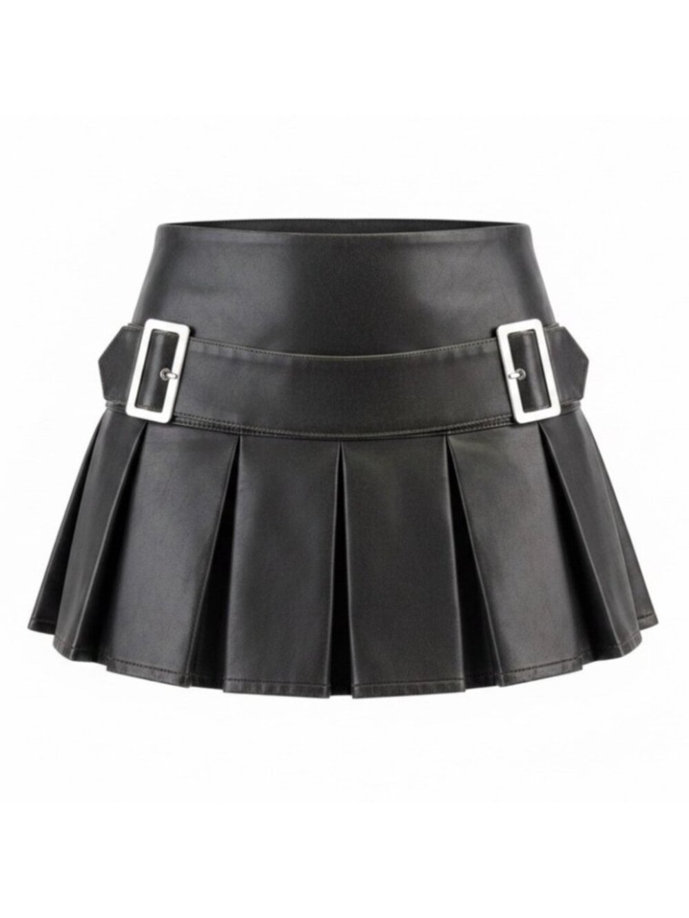 Pretty Little Thing Women Black Faux Leather Mini Pleated Skirt W/Buckle Sz  0